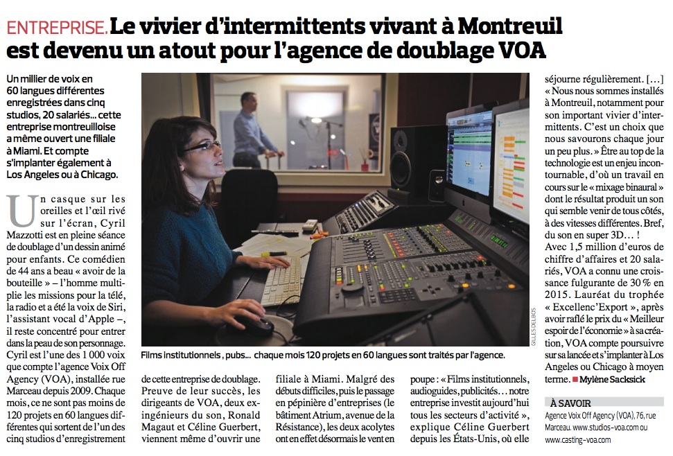 Studios VOA - Article Journal Le Montreuillois - Entreprise Voix Off et Doublage - de Paris à Miami